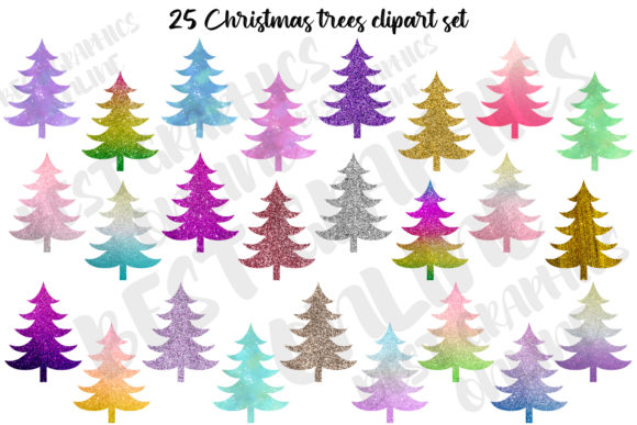 Christmas Tree Clipart, Shiny Christmas Illustrations