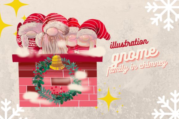 Cute Gnome Family in Chimney Christmas Illustration