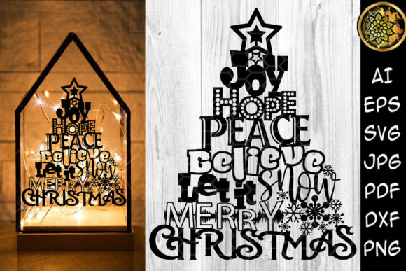 Joy Hope Let It Snow Christmas Tree Illustration